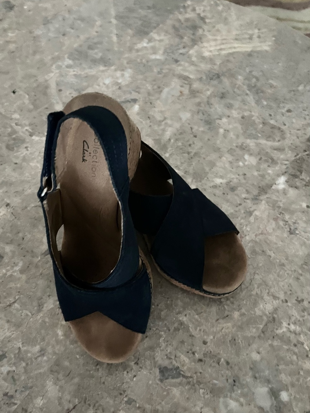 Clarks Navy Suede Cross-Strap Wedge Sandals